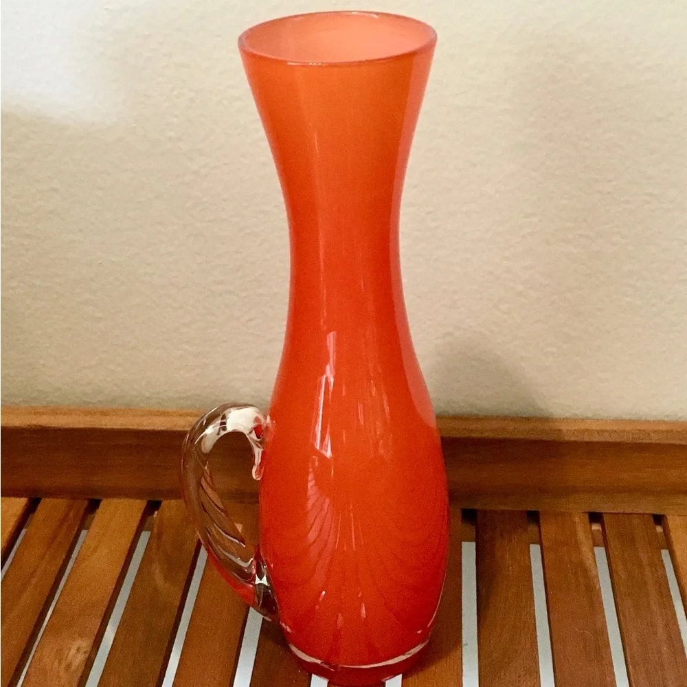 Vintage 60’s-70’s Orange Cased Glass Pitcher Vase w Clear Handle 7.5” H
